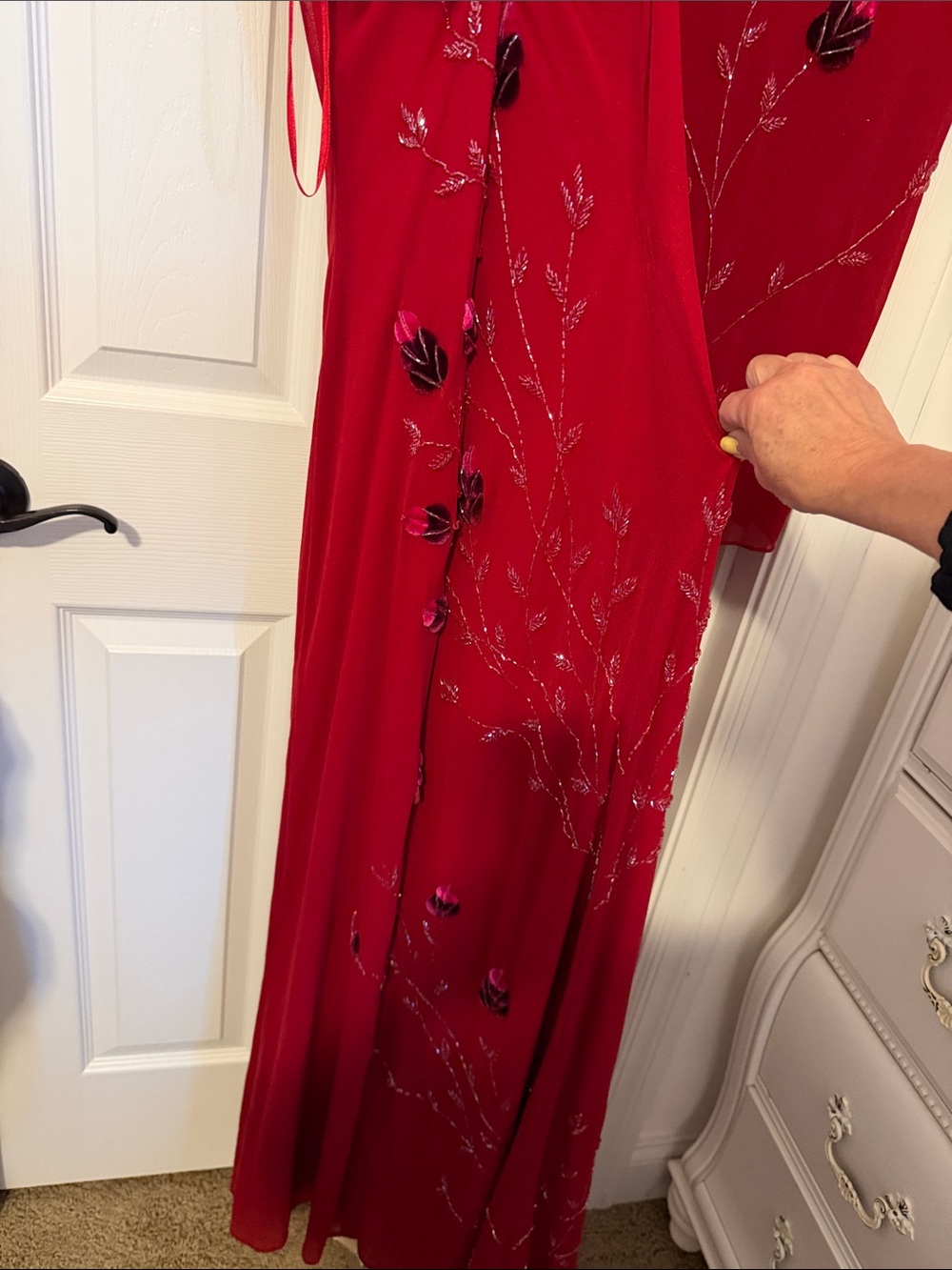 Cache Red Sheer Evening dress & Wrap with Subtle beaded & velvet embellishments - Picture 6 of 11